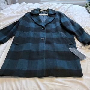 Bernardo Black and Blue Pea Coat with Plaid Pattern